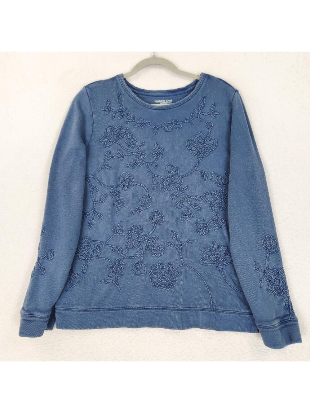 Coldwater Creek Sweater Womens Small Blue Embroidered Floral Crew Neck Pullover
